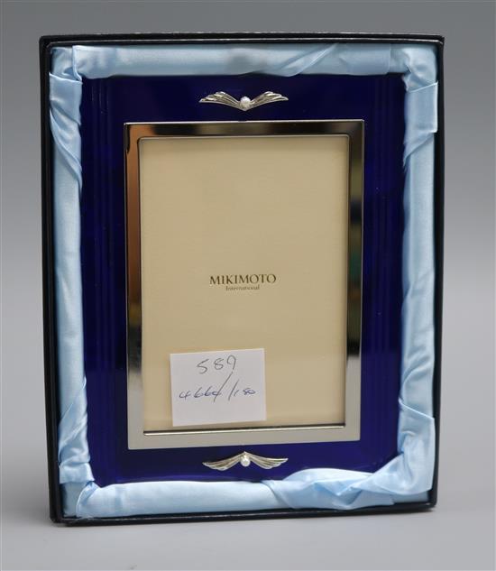 A boxed Mikimoto cultured pearl set blue plastic rectangular photograph frame, 17.3cm.